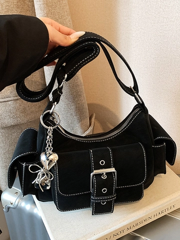 Borsa a Spalla in Pelle PU Retrò con Tasche Multiple per Donna Borsa a Tracolla Urbana Vintage con Ciondolo a Cuore