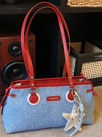 Minimalist Women Denim PU Leather Underarm Bag Fashion Patchwork Shoulder Bag With Star Pendant Urban Daily Commute Handbag