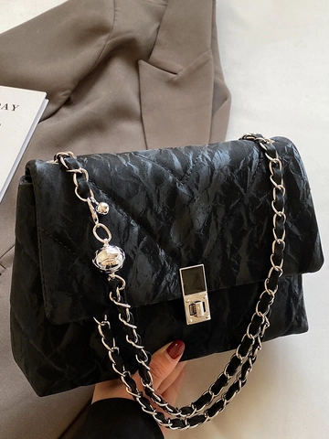 Urban Minimalist Women V-Shaped Quilted PU Leather Chain Shoulder Bag Stylish Square Lock Crossbody Bag Messenger Bag