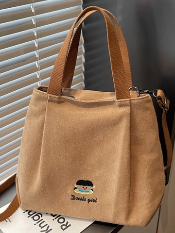 Sac Fourre-Tout en Toile Brodé Dessin Animé Style Japonais pour Femmes Sac à Épaule Grande Capacité Sac de Navettage