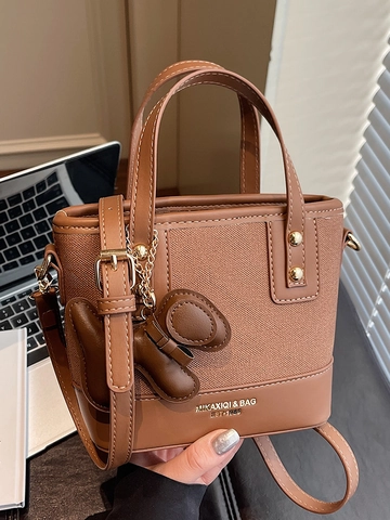 Women Spliced PU Leather Bucket Bag Simple Retro Crossbody Shoulder Bag With Dog Charm Casual Commuting Small Handbag
