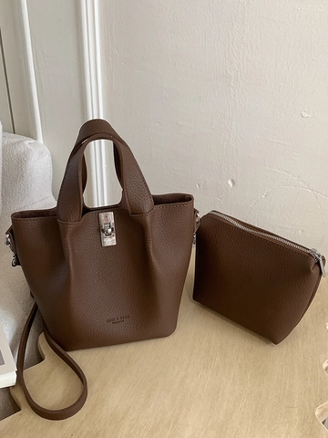 Sac Seau en Cuir PU Vintage Femme Grande Capacité Motif Litchi Sac à Bandoulière Fourre-Tout Avec Pochette Intérieure Et Charme En Peluche