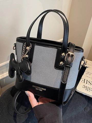 Women Spliced PU Leather Bucket Bag Simple Retro Crossbody Shoulder Bag With Dog Charm Casual Commuting Small Handbag