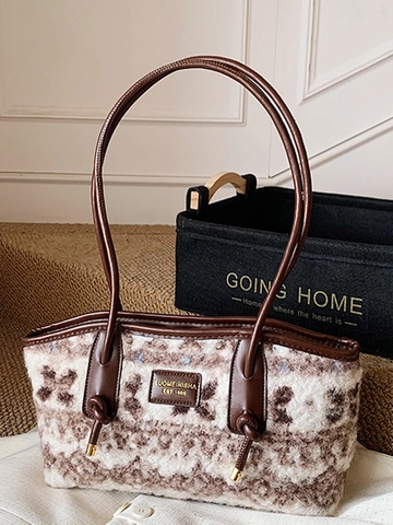 Damen Vintage Floral Plüsch Achseltasche Große Kapazität Weiche Kunstpelz Schultertasche PU Lederriemen Winter Tote Handtasche