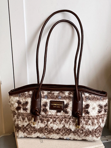 Damen Vintage Floral Plüsch Achseltasche Große Kapazität Weiche Kunstpelz Schultertasche PU Lederriemen Winter Tote Handtasche