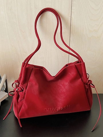 Grote Capaciteit PU Leer Tote Bag Voor Vrouwen Minimalistische Koord Schoudertas Met Letter Reliëf Casual Handtas