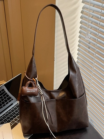 Large Capacity PU Leather Tote Bag For Women Retro Minimalist Commuter Shoulder Bag Solid Color Hobo Bag With Small Pouch Pendant