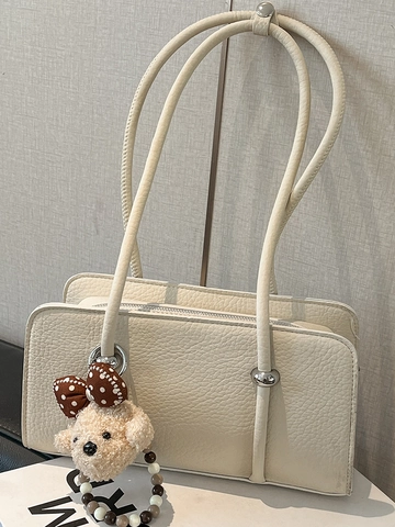 Borsa Sottoascellare in Pelle PU Retro da Donna Borsa Baguette Vintage Con Motivo Litchi Borsa a Tracolla Con Pendente Orsetto