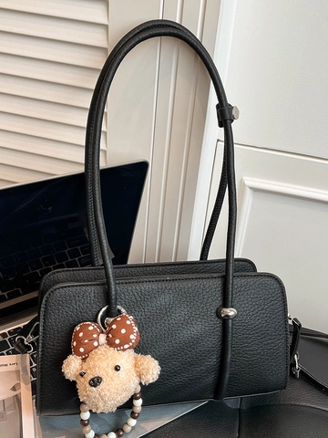 Borsa Sottoascellare in Pelle PU Retro da Donna Borsa Baguette Vintage Con Motivo Litchi Borsa a Tracolla Con Pendente Orsetto