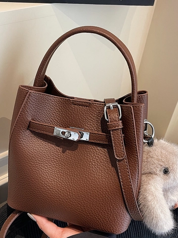 Fashion Simple Women Lychee Pattern PU Leather Bucket Bag Minimalist Solid Color Handbag With Metal Lock Crossbody Bag