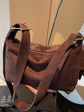 Women Large Capacity Suede Tote Bag Retro Hobo Shoulder Bag Minimalist Commuter Solid Color Crossbody Handbag With Zipper