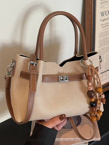 Women Retro PU Leather Handbag Tote Bag Large Capacity Commuting Shoulder Bag With Wooden Bead Charm Crossbody Square Bag