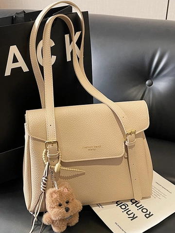 Large Capacity PU Leather Tote Bag Litchi Pattern Flap Shoulder Bag For Women Casual Commute Handbag With Plush Pendant