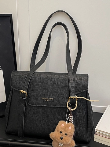 Large Capacity PU Leather Tote Bag Litchi Pattern Flap Shoulder Bag For Women Casual Commute Handbag With Plush Pendant