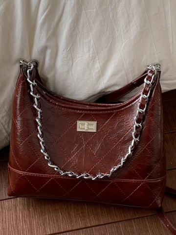 Women Chic Quilted PU Leather Shoulder Bag Retro Chain Underarm Crossbody Bag Fashion Commuter Handbag With Detachable Charm