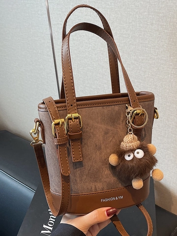 Damen Retro PU Leder Spleißen Eimertasche Mode Umhängetasche Mit Monster Plüsch Anhänger Lässige Tägliche Schultertasche