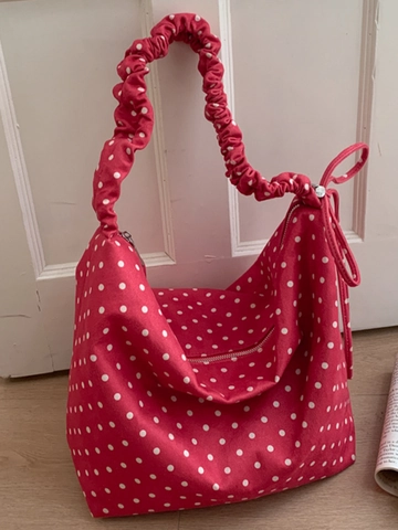 Dames Retro Polka Dot Canvas Tote Bag Grote Capaciteit Casual Schoudertas Met Geplooide Schouderband Voor Dagelijks Gebruik
