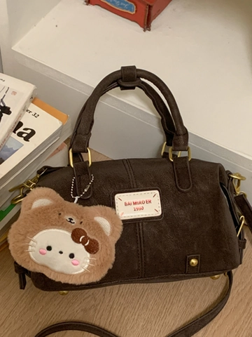 Bolso de Mano Boston Vintage de Cuero PU para Mujer Retro Minimalista Empalme Bolso de Hombro Bolso Cruzado de Moda Con Colgante Cartoon