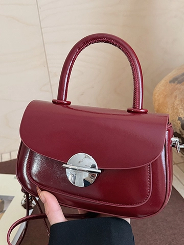 Damen Glänzende PU-Leder Satteltasche Vintage Metallschloss Handtasche Umhängetasche Commute Kleine Quadratische Tasche