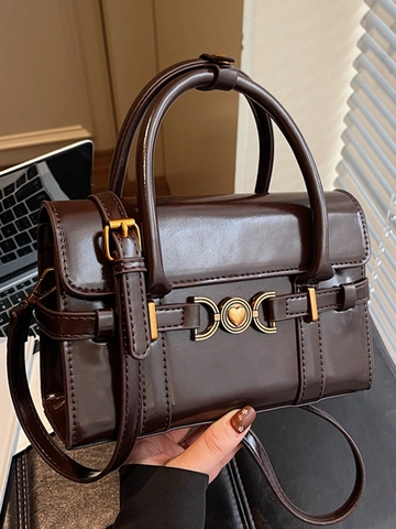 Borsa a Tracolla Quadrata in Pelle PU Vintage Da Donna Con Ferramenta a Cuore Elegante Borsa a Spalla Lucida Per Il Lavoro