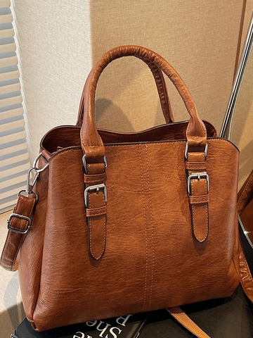 Vintage PU Leather Large Capacity Tote Bag For Women Retro Stitching Commuter Handbag With Adjustable Strap Crossbody Shoulder Bag