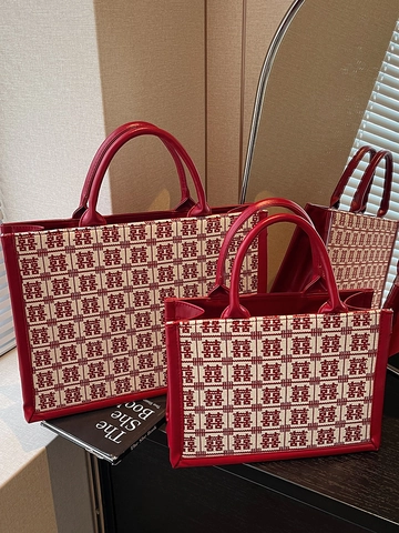Borsa Tote Rossa Cinese Doppia Felicità per Donna in Tela e Pelle PU Patchwork Borsa a Tracolla di Grande Capacità Regalo