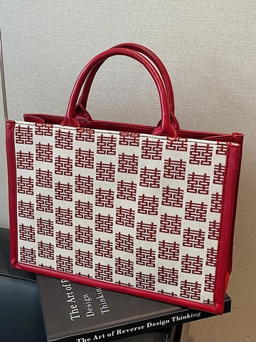 Borsa Tote Rossa Cinese Doppia Felicità per Donna in Tela e Pelle PU Patchwork Borsa a Tracolla di Grande Capacità Regalo