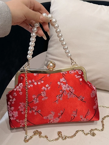 Neo-Chinese Vintage Embroidered Evening Bag Satin Floral Handbag With Artificial Pearl Handle Alloy Chain Banquet Party Women Jewelry Bag