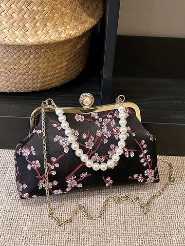 Neo-Chinese Vintage Embroidered Evening Bag Satin Floral Handbag With Artificial Pearl Handle Alloy Chain Banquet Party Women Jewelry Bag