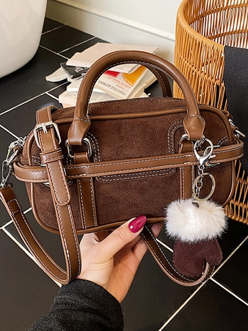 Vintage Women Patchwork PU Suede Crossbody Handbag Urban Minimalist Small Square Shoulder Bag With Plush Pom Pom Pendant