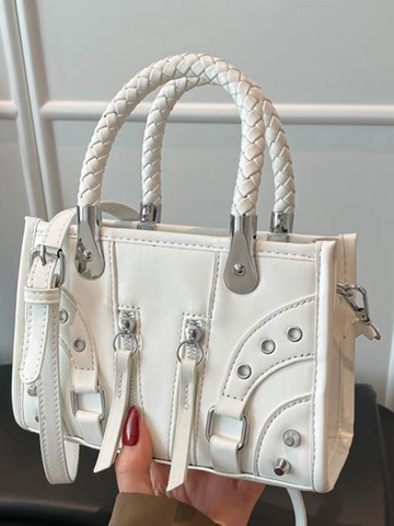 Retro Klinknagel Motorfiets Crossbody Tas Voor Vrouwen Punk Gevlochten Handvat Schoudertas Urban Casual PU Leer Handtas