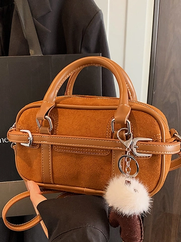 Vintage Women Patchwork PU Suede Crossbody Handbag Urban Minimalist Small Square Shoulder Bag With Plush Pom Pom Pendant