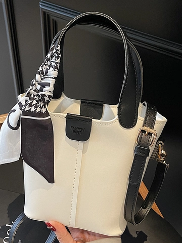 Damen Schick PU Leder Eimertasche Minimalistisch Große Kapazität Schulter Umhängetasche Mit Seidenschal Dekoration Frühling Mode