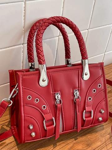 Retro Klinknagel Motorfiets Crossbody Tas Voor Vrouwen Punk Gevlochten Handvat Schoudertas Urban Casual PU Leer Handtas