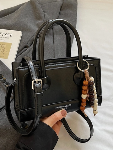Sac Bandoulière Vintage en Cuir PU pour Femmes Mode Minimaliste Épissage Sac à Main Avec Charme de Perles Carré Sac à Main