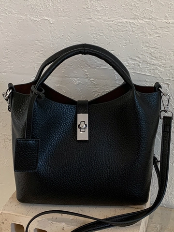 Minimalist PU Lychee Grain Bucket Bag For Women Retro Handheld Crossbody Bag With Metal Lock Sophisticated Urban Style Bag