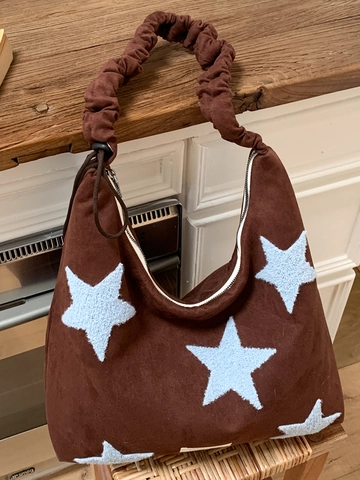 Sac Cabas en Toile Décontracté pour Femmes Grande Capacité Appliqué Étoile Bandoulière Scrunchie Style Décontracté Sac Hobo