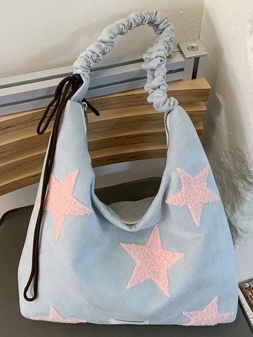 Sac Cabas en Toile Décontracté pour Femmes Grande Capacité Appliqué Étoile Bandoulière Scrunchie Style Décontracté Sac Hobo
