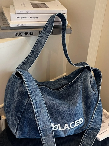 Sac Fourre-Tout en Denim Grande Capacité pour Femmes Décontracté en Denim Lavé Sac à Bandoulière avec Impression de Lettres REPLACED