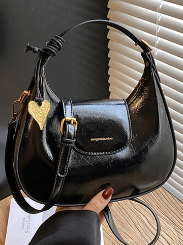 Women Shiny PU Leather Hobo Bag Heart Pendant Shoulder Crossbody Bag Minimalist Solid Color Underarm Bag Trendy Retro Purse