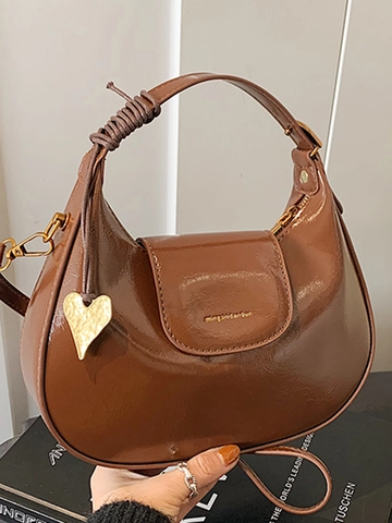 Women Shiny PU Leather Hobo Bag Heart Pendant Shoulder Crossbody Bag Minimalist Solid Color Underarm Bag Trendy Retro Purse