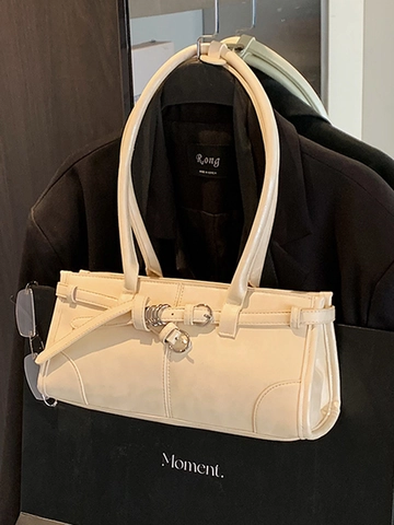 Women Retro PU Leather Underarm Bag Minimalist Solid Color Single Shoulder Bag With Metal Buckle Decor Fashion Commuting Handbag