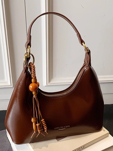 Borsa Hobo in Pelle PU Lucida da Donna Retrò a Mezzaluna Sottobraccio Con Ciondolo in Perle di Legno Borsa a Tracolla Minimalista