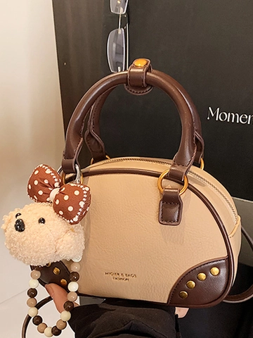 Vintage PU Leather Bowling Bag For Women Fashion Splicing Handbag With Removable Teddy Bear Charm Adjustable Shoulder Strap Crossbody Bag
