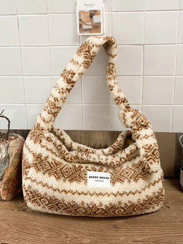 Women Plush Tote Bag Snowflake Jacquard Ethnic Large Capacity Shoulder Bag Winter Warm Soft Fleece Commuter Handbag