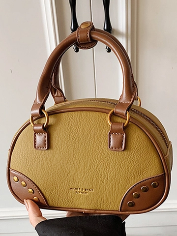 Vintage PU Leather Bowling Bag For Women Fashion Splicing Handbag With Removable Teddy Bear Charm Adjustable Shoulder Strap Crossbody Bag