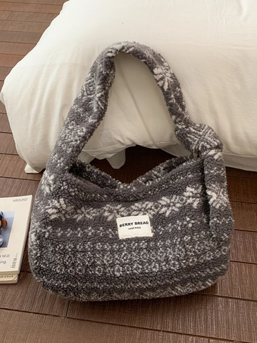 Women Plush Tote Bag Snowflake Jacquard Ethnic Large Capacity Shoulder Bag Winter Warm Soft Fleece Commuter Handbag
