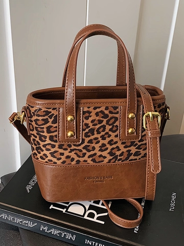 Secchiello da Donna in Pelle PU Patchwork Retro Stampa Leopardata Tracolla con Perline Pendolarismo Borsa alla Moda