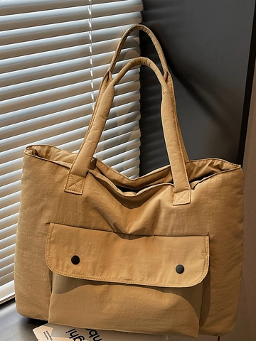 Large Capacity Quilted Padded Tote Bag Women Nylon Casual Solid Color Shoulder Handbag With Front Pocket Travel Commute