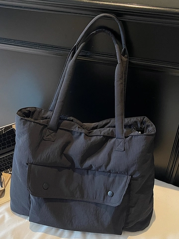 Large Capacity Quilted Padded Tote Bag Women Nylon Casual Solid Color Shoulder Handbag With Front Pocket Travel Commute